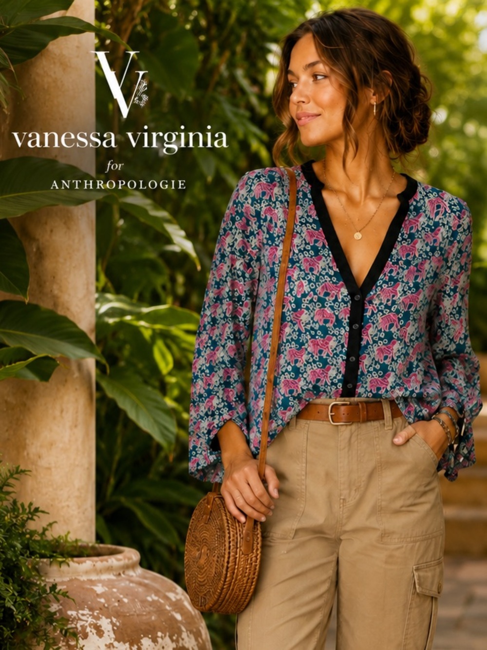 Vanessa Virginia Anthropologie Honore Blouse US 6 Teal Pink Tiger Floral Boho B2